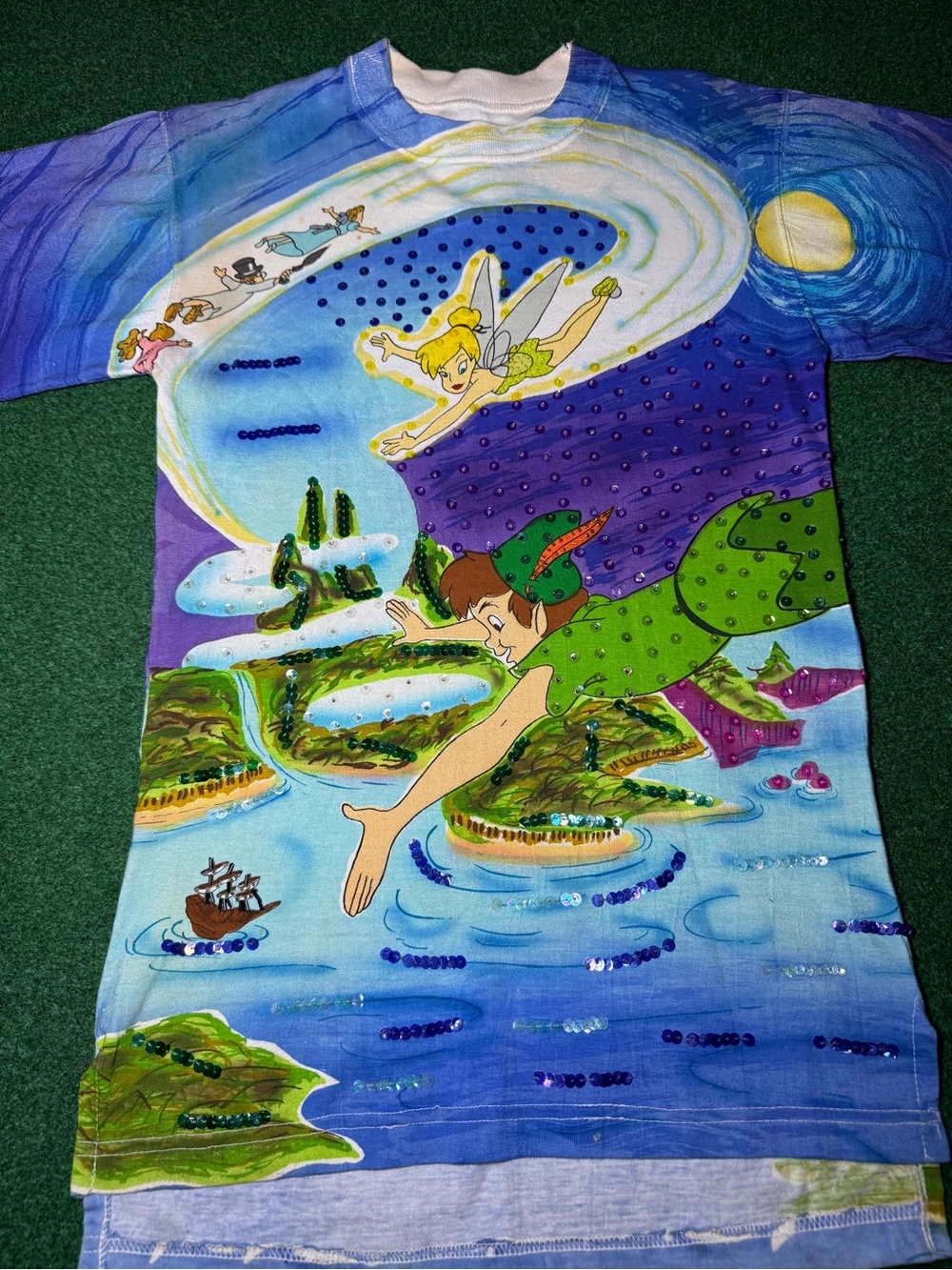 Disney JouJou Shirt XS AOP Peter Pan Tinkerbell 90s Neverland RARE 90s Vintage - Picture 2 of 7